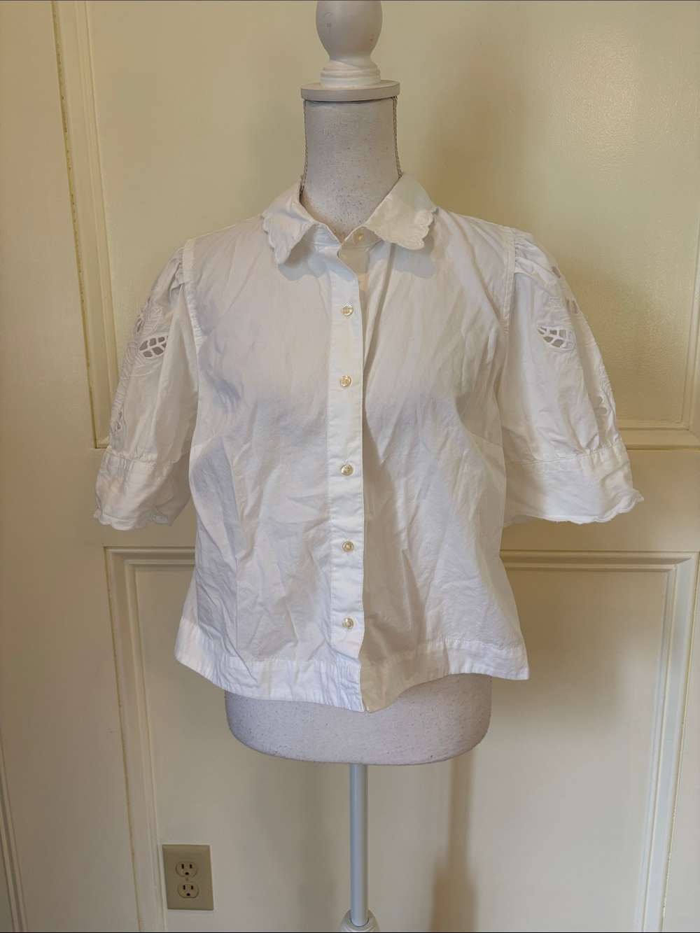 White Short-Sleeve Button-Front Eyelet Detail Blouse